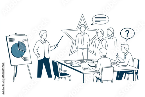 Business meeting with pie chart presentation and discussion teamwork