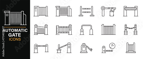Editable vector automatic gate illustrations – sliding, swing, driveway, and fence line icons collection