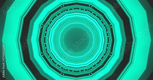 Vibrant, glowing tunnel with repeating teal and aqua geometric shapes that recede into the distance.