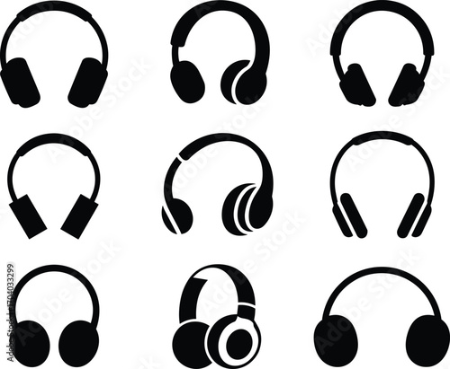 Collection of headphones silhouette vector illustration, modern audio headset icons, music listening equipment design, black isolated earphone set for sound technology artwork