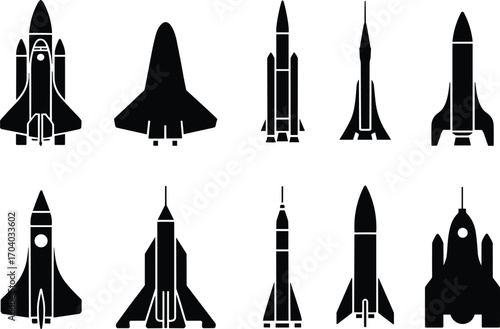 Collection of rocket silhouette vector illustrations, space shuttle icons, spacecraft launch t
