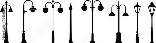 Collection of vintage and modern street lamp silhouettes, decorative urban lantern designs, classic retro streetlight vector set for city architecture, outdoor lighting, park elements