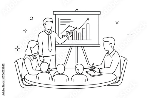 Business meeting with presenter pointing at bar graph on flip chart presentation