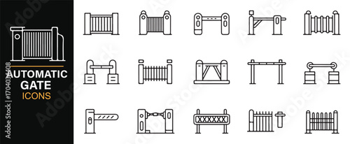 Vector automatic gate icons – sliding, swing, barrier, fence, entrance, and driveway access symbols