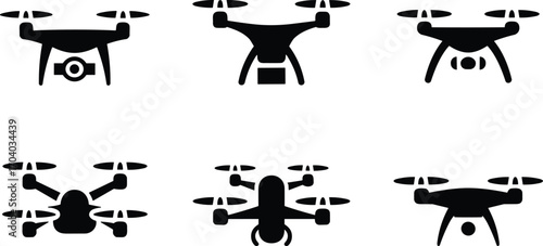 Drone silhouette vector illustration set, quadcopter flying technology icons, modern aerial photography device design, unmanned aircraft symbols, isolated black graphic collection