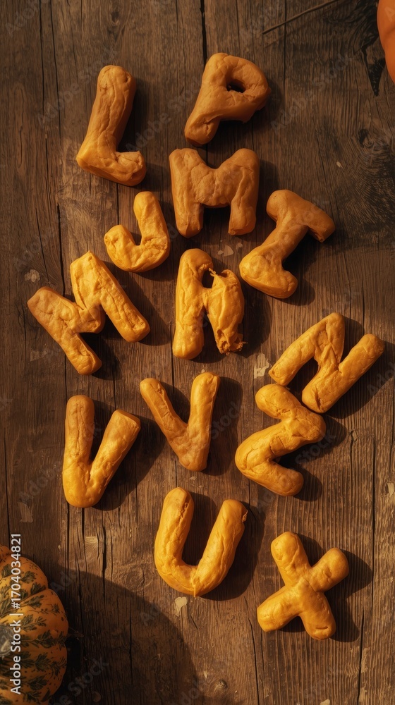 Fototapeta premium Autumnal Alphabet Pumpkin Spice Baked Letter Cookies on Rustic Wood