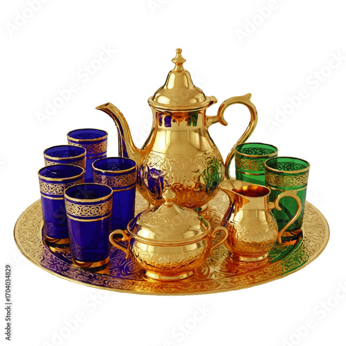 Elegant gold-plated Moroccan tea set with ornate engravings, blue and green glasses, and a decorative tray.
