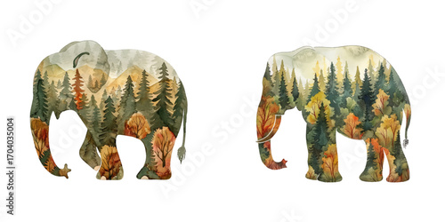 silhouette elephant with forest scene inside watercolor vector illustration