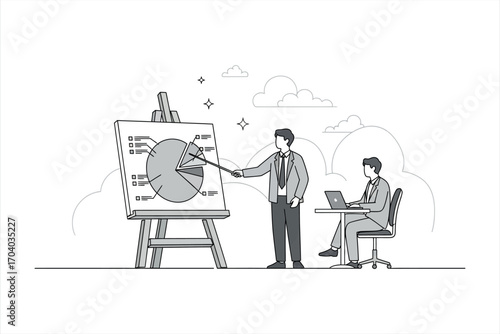 Man presenting pie chart on easel to man with laptop in office setting business presentation