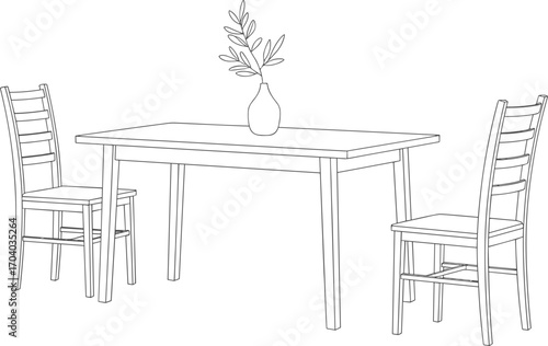 Minimalist dining table vector illustration with two wooden chairs and decorative vase, modern interior furniture design for home, kitchen, restaurant, and lifestyle artwork