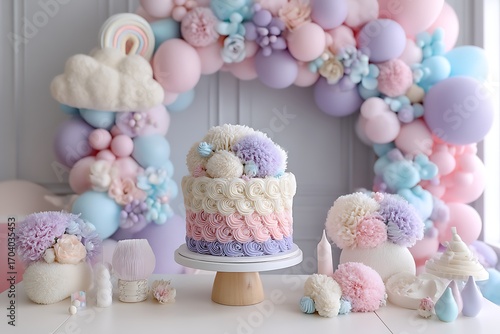 A pastel-themed birthday celebration with a fluffy cake surrounded by soft-colored decor, including balloons and delicate accents
