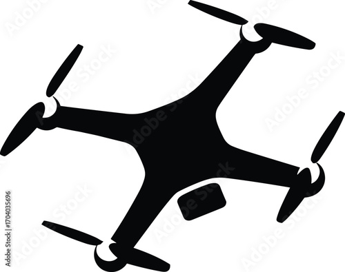 Quadcopter drone silhouette vector illustration with four propellers, modern technology design, aerial photography device, flying gadget icon, unmanned aircraft system concept artwork