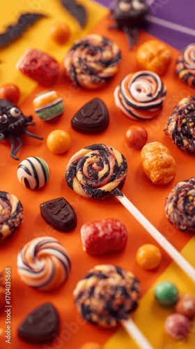 Spooky Halloween Candy Assortment on Orange Background