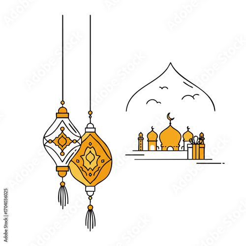 Elegant line art of golden Islamic lanterns and a minimalist mosque silhouette.