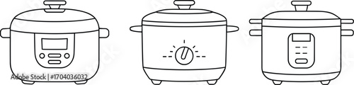 Rice cooker vector illustration set with modern kitchen appliances, electric cooking devices, food preparation tools, household equipment icons, outline style graphic design elements