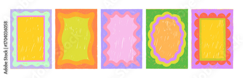 Funky crayon drawn retro scallop border frames. Hand drawn wavy edge with crayon texture.