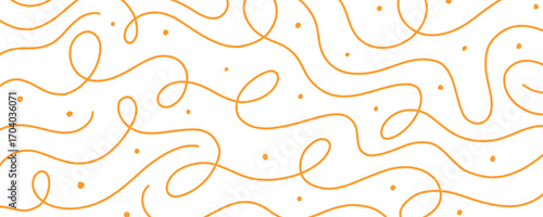 Thin doodle lines pattern background. Wavy spaghetti and pasta wallpaper. Graphic pasta abstract background. Noodle packaging texture. Doodle banner with yellow squiggly thin lines and dots.