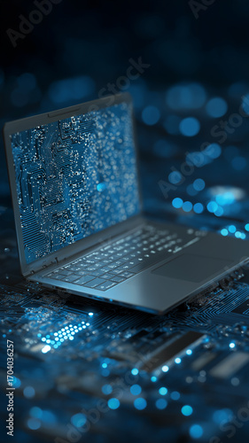 Glowing Laptop Screen Display Futuristic Digital Network.