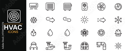 HVAC industry icons – editable stroke illustrations of ventilation, temperature, fan, radiator, and cooling units
