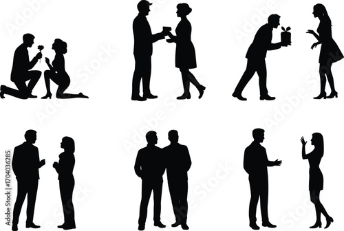 Romantic couple silhouette vector illustration, man proposing, giving gifts, talking, relationship moments, love concept artwork for valentine, wedding, dating, romance, lifestyle design