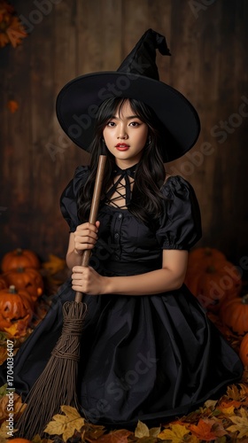 Young Woman in Witch Costume with Broom and Pumpkins for Halloween