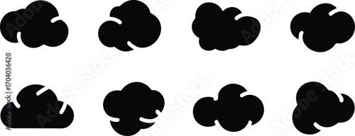 Set of black cloud silhouette vector icons, simple weather shapes design, abstract sky illustration elements, isolated graphic symbols for forecast and decoration