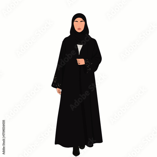 Elegant Muslim woman in black abaya and hijab, standing, with embroidered sleeves, vector illustration.