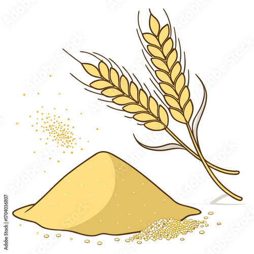 Wheat Ears and Pile of Grain with Scattered Seeds on White Background stalk