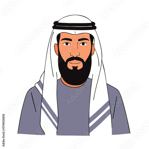 Stylized cartoon portrait of a bearded Arab man wearing a traditional white ghutra, agal, and blue thobe.