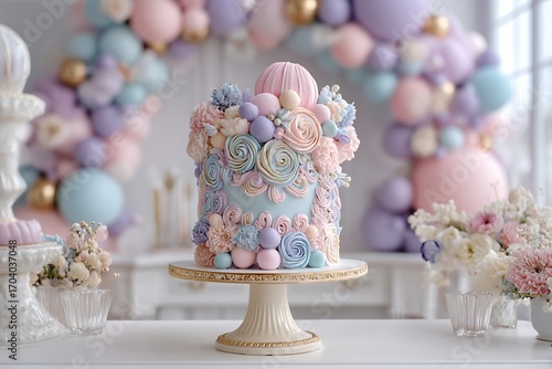 A pastel-themed birthday celebration with a fluffy cake surrounded by soft-colored decor, including balloons and delicate accents