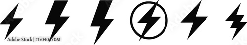 Set of bold black lightning bolt vector icons, electric energy power flash symbols, electricity thunderbolt design elements, isolated minimalist style illustration