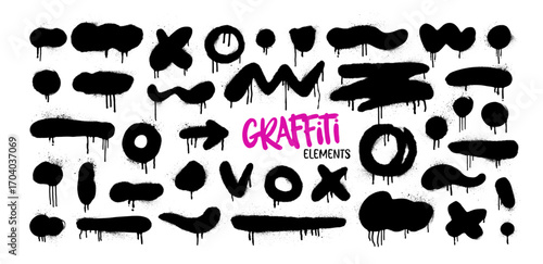 Spraypaint graffiti element set. Urban street art grunge brush stroke, dot, arrow and smears with drips and splatters. Dirty messy airy ink stroks, circles and blots. Vandal graphic elements.