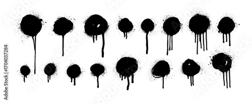 Spray paint graffiti blots, dots and ink splashes. Circles with drips and spray paint effect for urban street art design. Hand drawn rough ink splashes with grain texture and small blots collection.