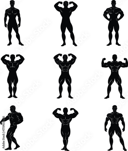 Set of muscular bodybuilder silhouette vector illustrations showing strong fitness poses, gym workout athlete flexing muscles, bodybuilding strength training design elements isolated
