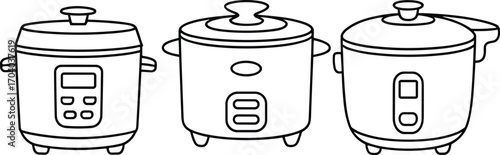 Set of rice cooker vector illustrations, electric kitchen appliance icons, modern household cooking device design, simple line style kitchen equipment collection, outline