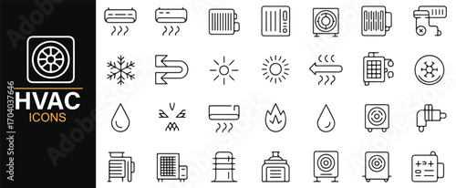 Editable stroke HVAC icons – temperature control, heating, cooling, and ventilation equipment pack