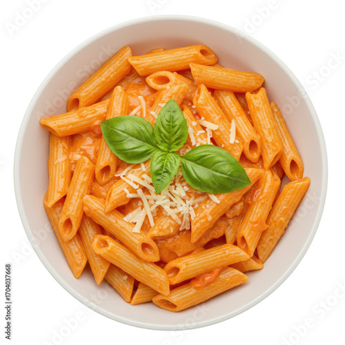 Overhead View of Penne Pasta in Creamy Tomato Sauce with Basil and Parmesan Cheese in a Light Pink Bowl on a Transparent Background, Ideal for Food