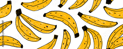 Funky seamless banner background with bananas. Crayon drawn fruits seamless pattern. Bold pencil texture tropical fruits wallpaper. Hand drawn background for packaging, web banners, summer designs.