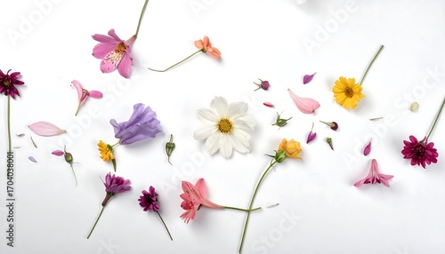 Delicate flower petals scattered on white background