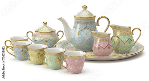 Elegant Pastel Tea Set with Gold Accents and Floral Design