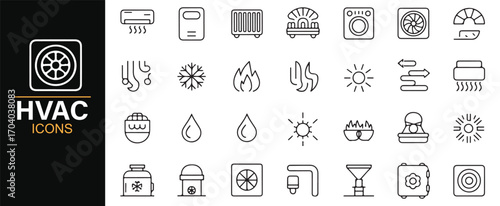 Vector HVAC icons – air conditioner, radiator, thermostat, fan, ventilation, snowflake, and heating pack