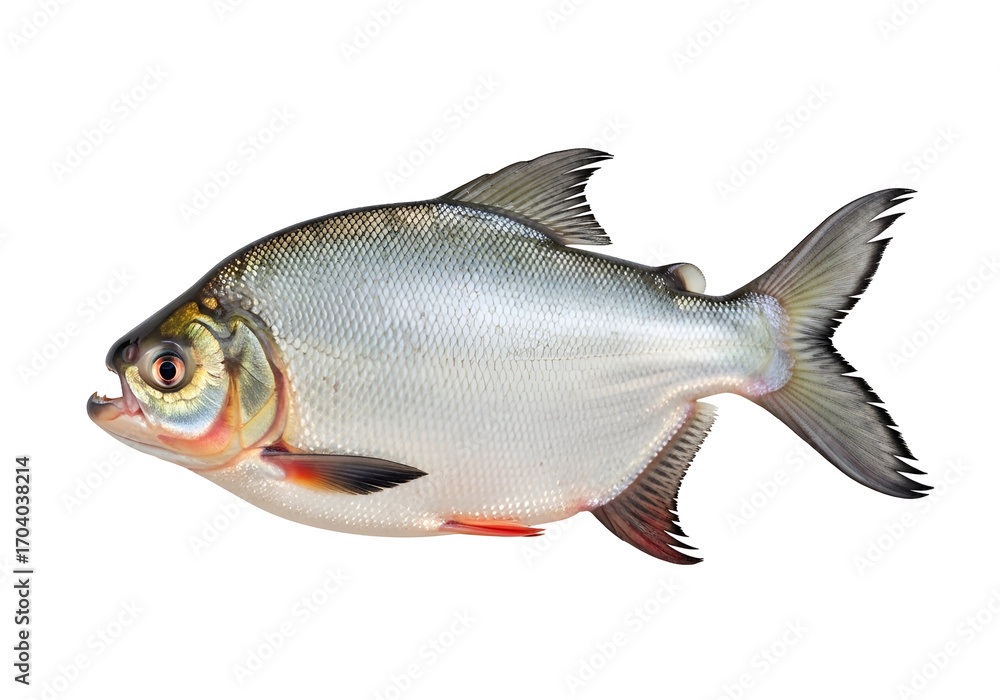 Naklejka premium A silvery fish, angled profile, displays intricate scales and vibrant colors against a stark black background.