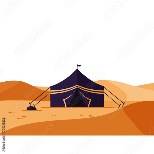 Stylized dark blue tent with light stripes, open entrance, small flag, and anchoring ropes.