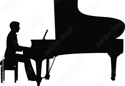 Silhouette illustration of a pianist playing grand piano, classical music performance, elegant concert scene, artistic musician, cultural creativity, entertainment, musical expression