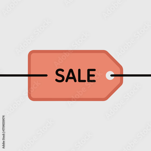 A vibrant coral sale tag icon, suspended by a sleek black line, offers a clear message of discounts and savings, set against a clean, neutral background isolated on transparent background