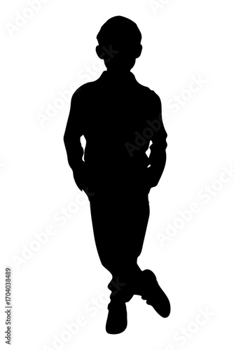 Black silhouette of standing child, hands in pockets. Vector illustration
