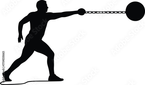 Silhouette illustration of a strong man pulling heavy ball and chain, symbol of struggle, burden, restriction, power, freedom, endurance, strength