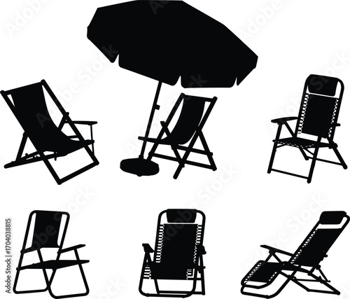Silhouette illustration of beach chairs and umbrella in different positions, summer relaxation furniture design, outdoor vacation holiday leisure vector collection, isolated set
