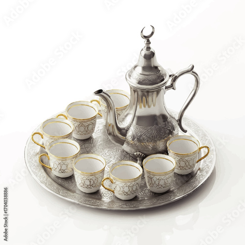 Elegant silver Arabic coffee set with a dallah pot, porcelain cups, and an engraved tray.