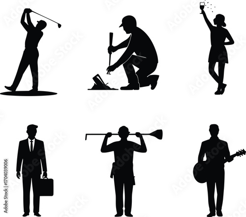 Silhouette illustration of diverse people in different activities including sports, work, celebration, business, construction, fitness, and music performance vector design